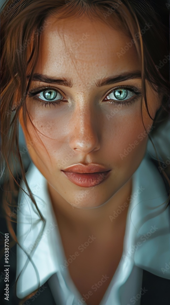 A woman with green eyes and a white shirt A woman with green eyes and a white shirt