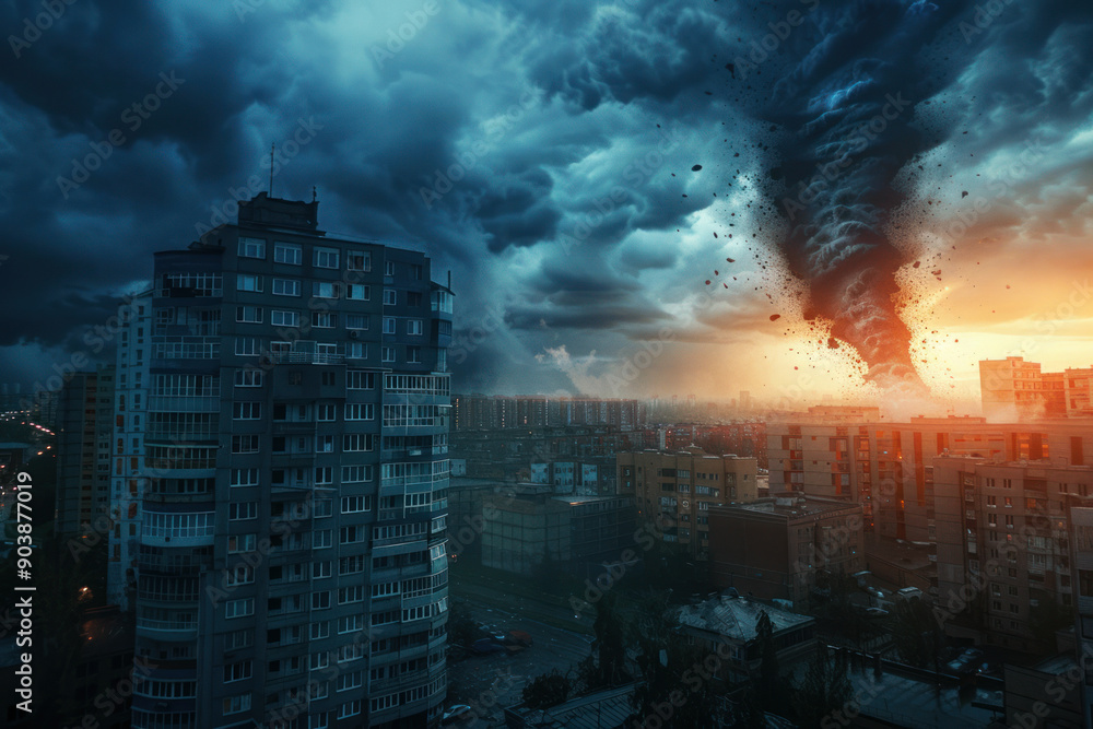 Fototapeta premium Destructive tornado over the city at sunset. Global warming, climate change.