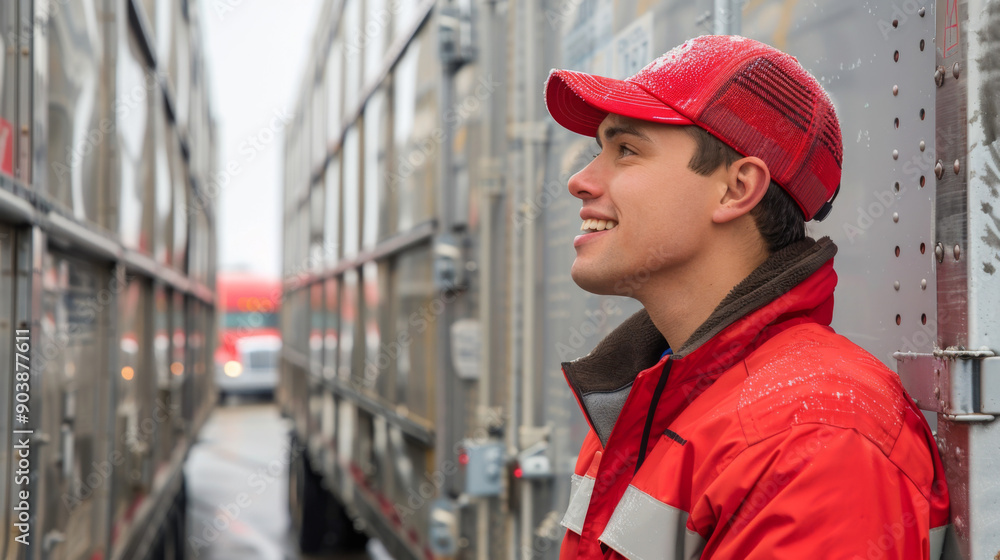 Young man in red jacket and cap smiling while standing between two trucks, representing the trucking industry. Young man in red jacket and cap smiling while standing between two trucks, representing the trucking industry.
