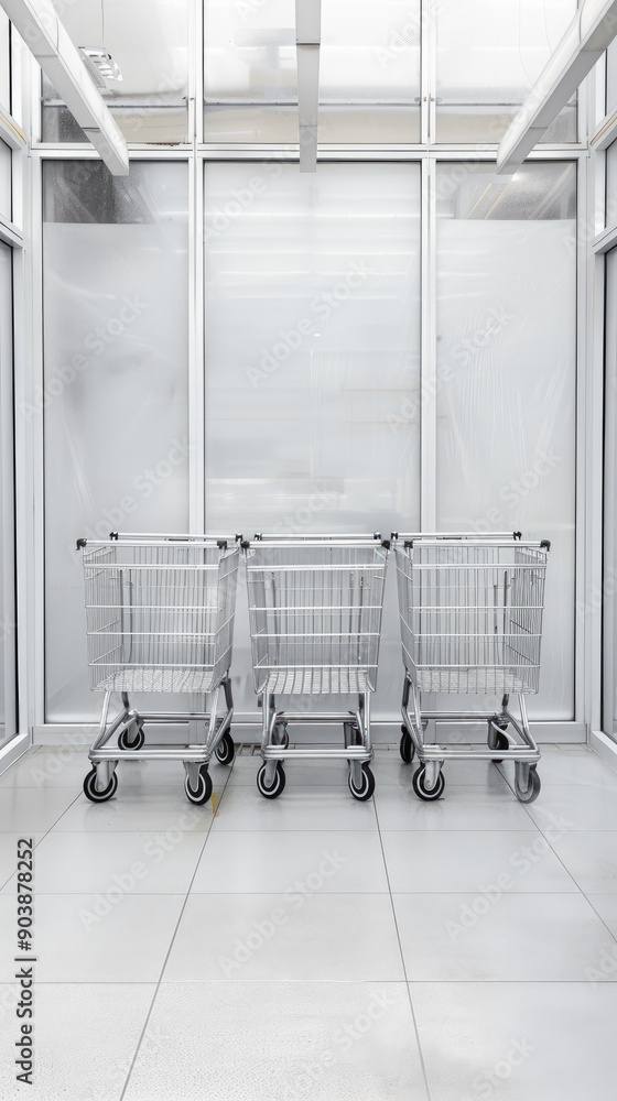 Several shopping carts are neatly arranged outside a retail store, ready for customers to use on a bright, sunny afternoon Several shopping carts are neatly arranged outside a retail store, ready for customers to use on a bright, sunny afternoon