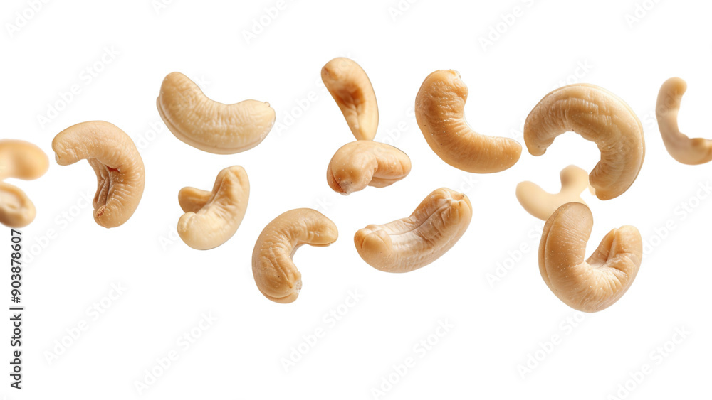 A bunch of cashews are flying through the air. The cashews are scattered in different directions, some are closer to the top of the image, while others are lower down A bunch of cashews are flying through the air. The cashews are scattered in different directions, some are closer to the top of the image, while others are lower down