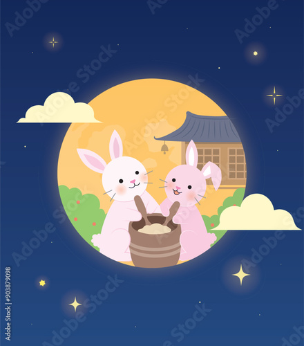 밤 하늘 보름달 안 절구 찧는 토끼 추석 일러스트