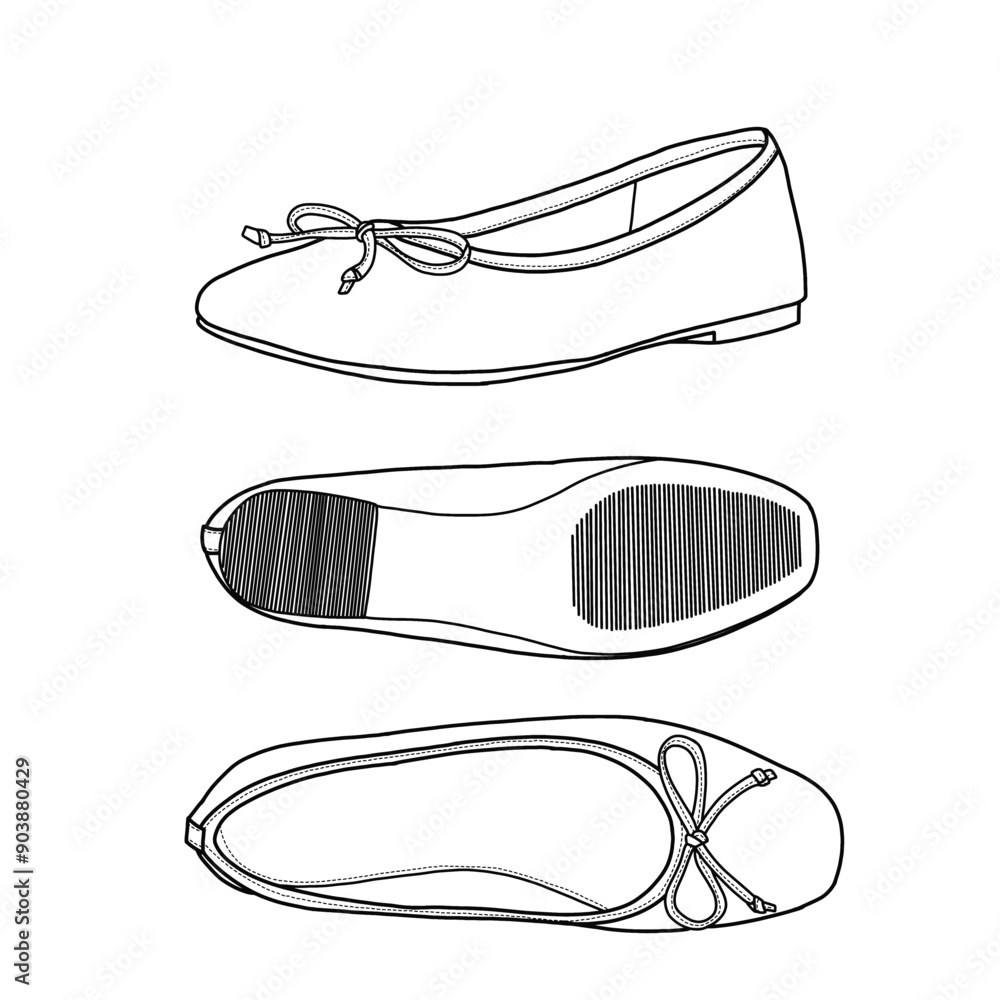 Pair of ballet shoes round-toe stylish with a bow vector illustration. Line drawing sketch, isolated vector on a white background. Pair of ballet shoes round-toe stylish with a bow vector illustration. Line drawing sketch, isolated vector on a white background.