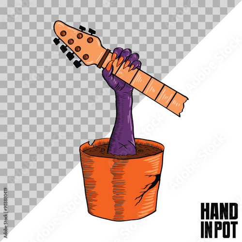hand comes out of the pot. hand holding guitar. zombies and monsters for music or halloween celebrations.