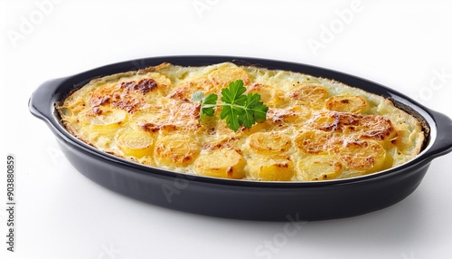 Turkish food potato gratin on white background