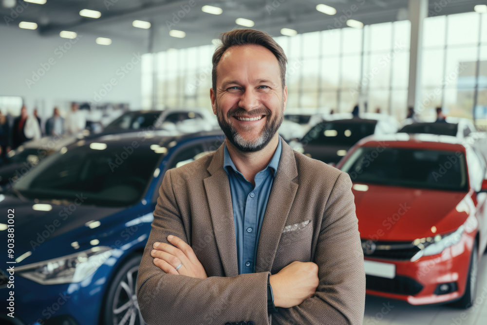 A happy man with crossed arms at a car dealership, surrounded by cars A happy man with crossed arms at a car dealership, surrounded by cars