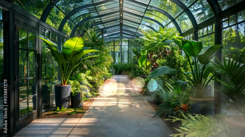 Sunlit Pathway in a Greenhouse. Sunlit Pathway in a Greenhouse.