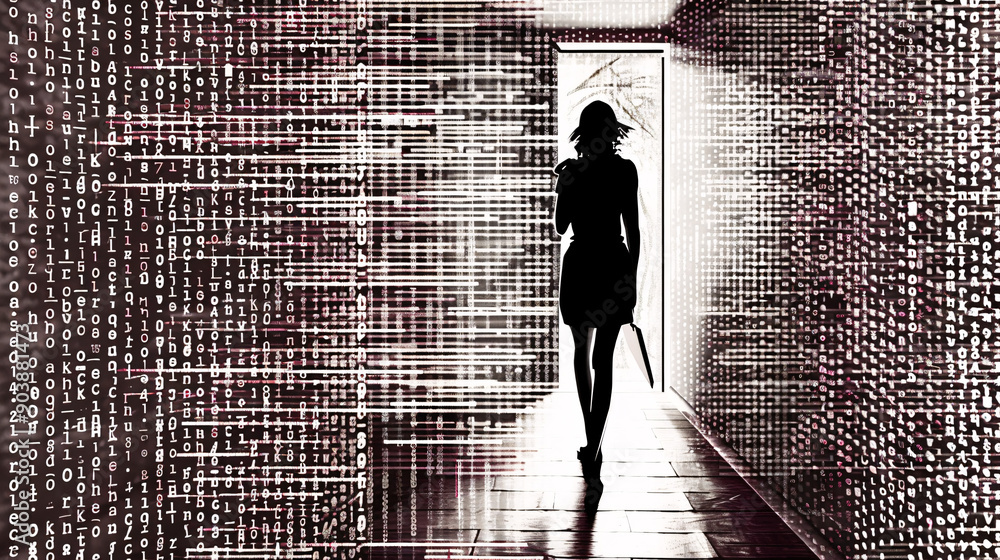 Abstract digital artwork, a corridor filled with floating text and ...