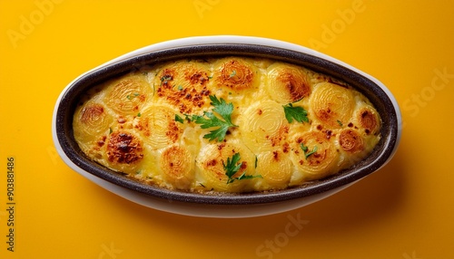 Turkish food potato gratin on yellow background