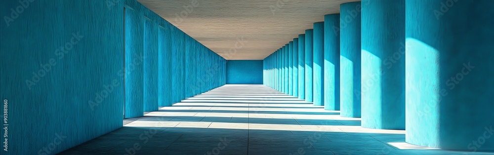 Fototapeta premium Minimalist Blue Concrete Corridor with Geometric Columns