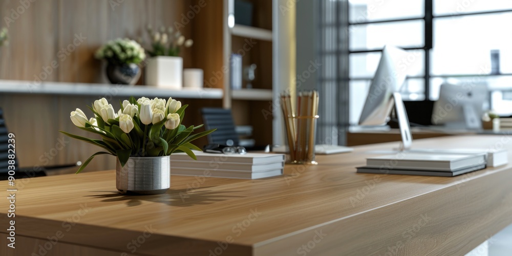 A modern office desk with a vase of fresh flowers A modern office desk with a vase of fresh flowers