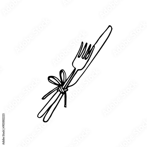 fork and knife tied with thin ribbon or rope - hand drawn doodle