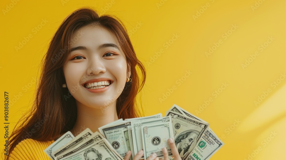 Image of a smiling and wealthy young woman with money flying around her. Image of a smiling and wealthy young woman with money flying around her.