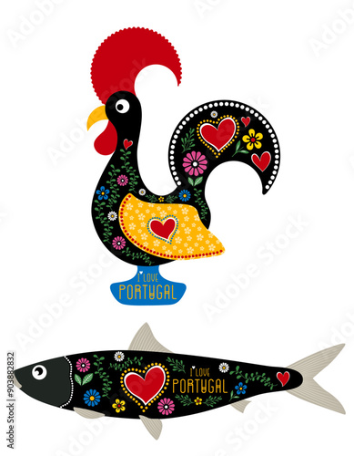 Colorful Galo de Barcelos style. Portuguese Rooster and Sardine. Portugal souvenirs