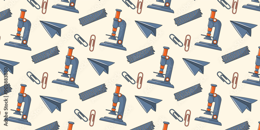 Back to school seamless pattern with stationery. Background or pattern with vector educational elements. Microscope, decorative tape, clips, paper airplane, blue color palette. Back to school seamless pattern with stationery. Background or pattern with vector educational elements. Microscope, decorative tape, clips, paper airplane, blue color palette.