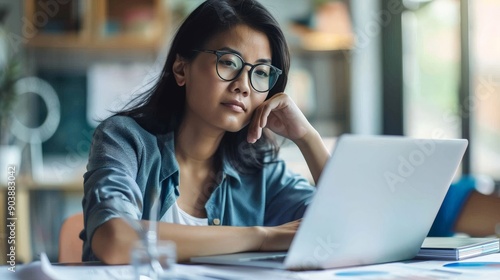 Businesswoman reviewing financial projections on a laptop, looking determined