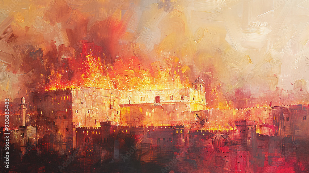 Fototapeta premium Tisha B’Av. The destruction of the Temple of Jerusalem engulfed in flames