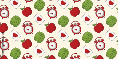 Back to school seamless pattern with stationery. Background or pattern with vector educational elements. Apple, brain, alarm clock, clock, red and green color palette.