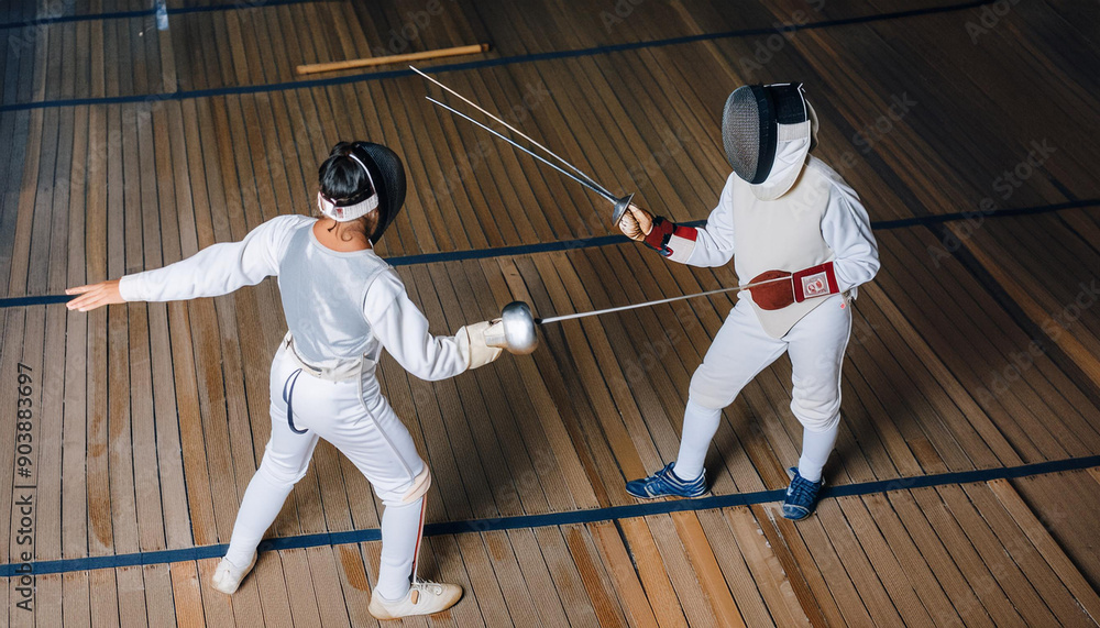 Two fencers in a fierce duel, with swords clashing, wearing protective gear, and a referee watching closely. Two fencers in a fierce duel, with swords clashing, wearing protective gear, and a referee watching closely.