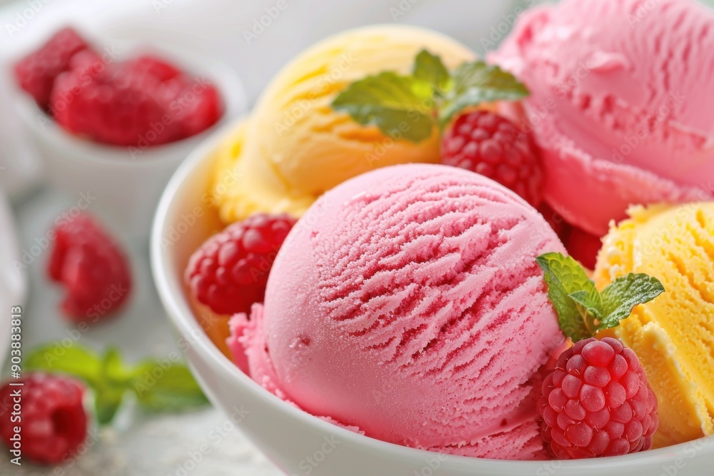 Delicious ice cream scoops with fresh raspberries being served Delicious ice cream scoops with fresh raspberries being served