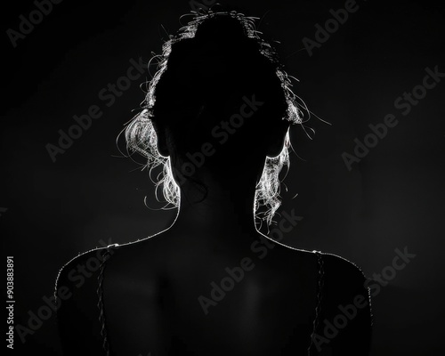 Back Lit Female Silhouette in Shadow. Anonymous Avatar Concept in Black Background