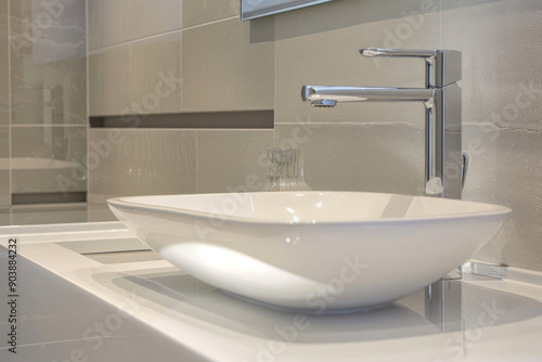 Modern Bathroom Sink with Chrome Faucet and White Countertop