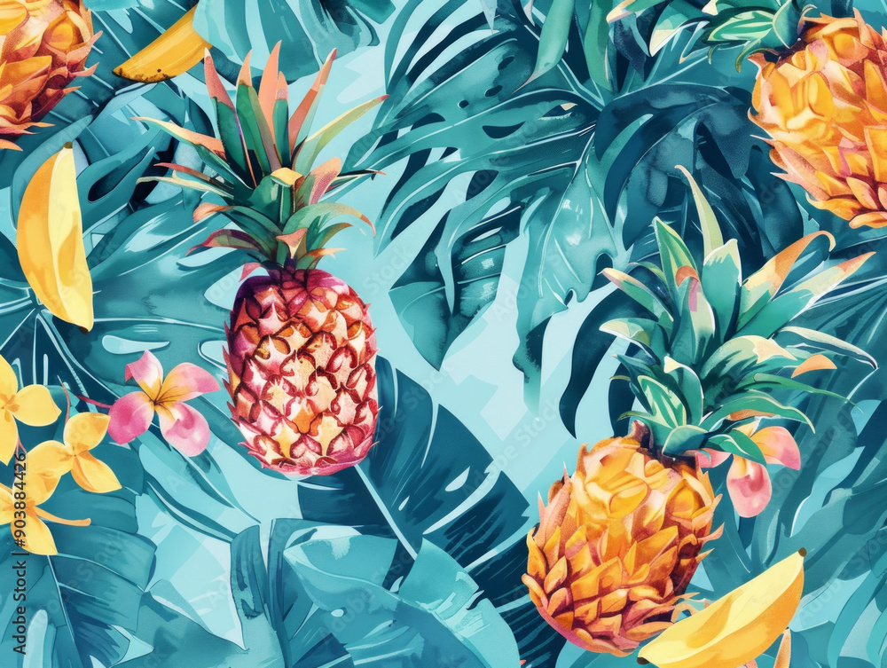 Fototapeta premium Watercolor painting of pineapples and exotic flowers on a turquoise background