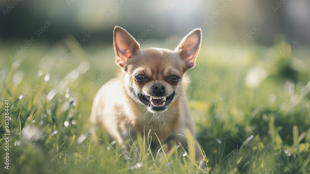 Fierce small Chihuahua dog showing aggression with bared teeth on green grass field, intense animal behavior in nature setting Fierce small Chihuahua dog showing aggression with bared teeth on green grass field, intense animal behavior in nature setting