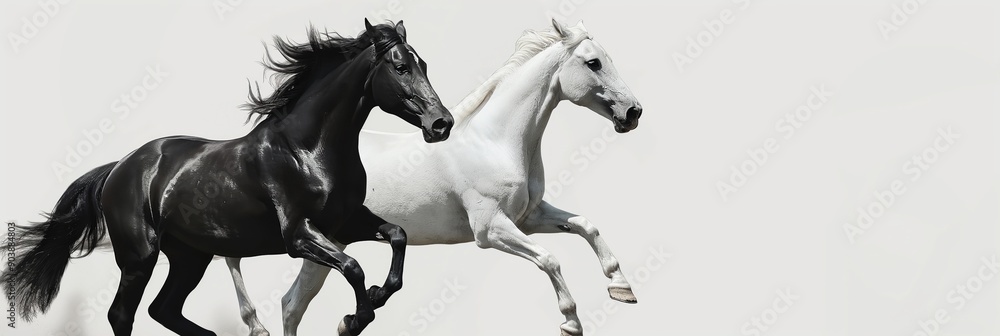 High-Resolution Image of Two Galloping Horses, One Black and One White, Isolated on a Clean White Background. Perfect for Equestrian Projects and Designs High-Resolution Image of Two Galloping Horses, One Black and One White, Isolated on a Clean White Background. Perfect for Equestrian Projects and Designs