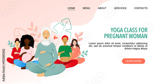 Yoga Class For Pregnant Woman landing page template with women sitting in lotus pose with different ethnicity