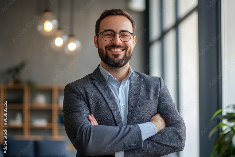 Fototapeta premium Happy successful businessman or company employee standing in office looking at camera , ai