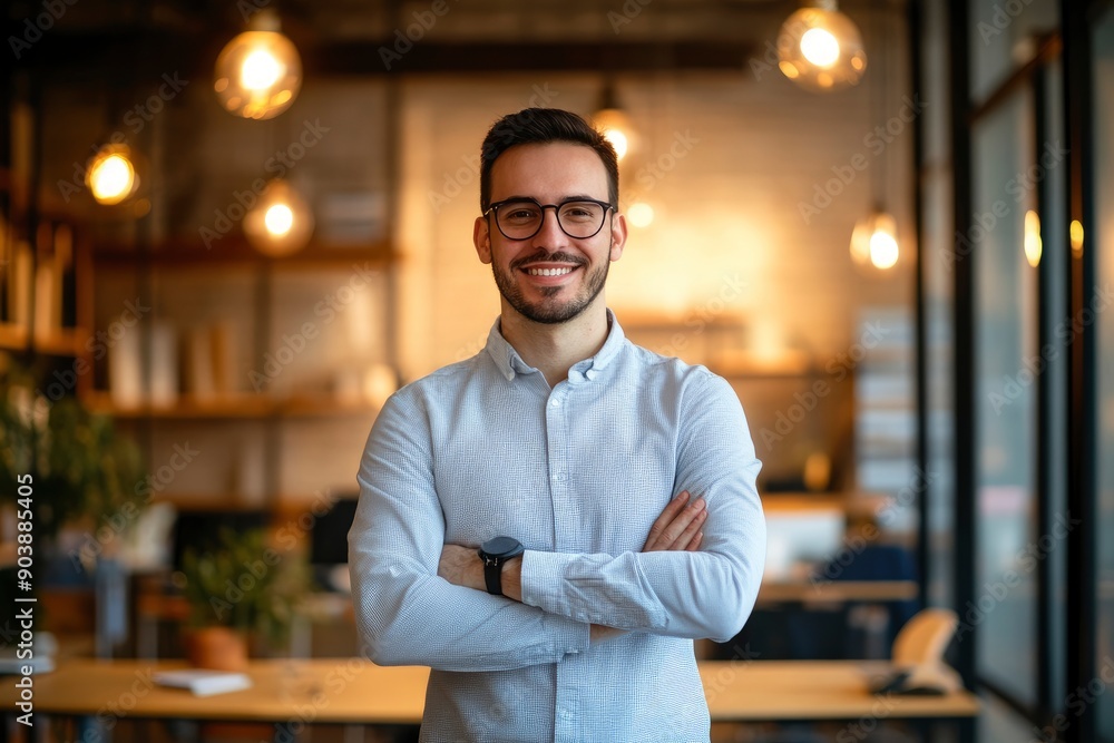Happy successful businessman or company employee standing in office looking at camera , ai Happy successful businessman or company employee standing in office looking at camera , ai