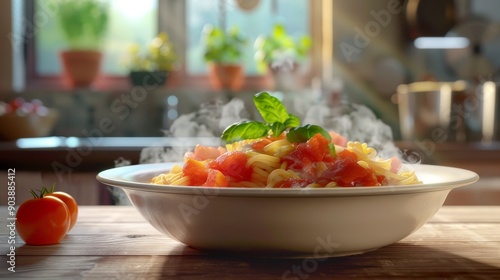 Savoring Tradition A steaming bowl of homemade pasta with vibrant tomato sauce and fragrant basil on a rustic Italian kitchen table