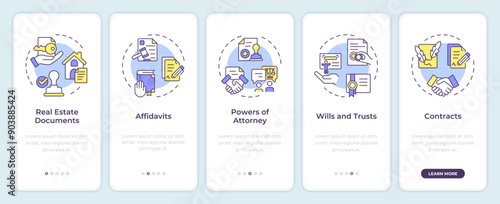Types of notarization documents onboarding mobile app screen. Walkthrough 5 steps editable graphic instructions with linear concepts. UI, UX, GUI template. Montserrat SemiBold, Regular fonts used