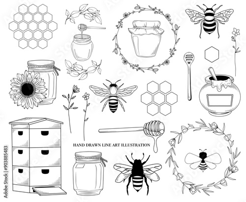 Line drawing bee, honey, beehive, beekeeping graphic set, hand drawn vector line art illustration 
