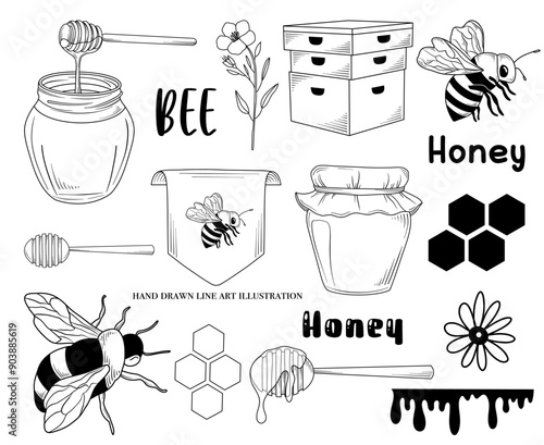 Line drawing bee, honey, beehive, beekeeping graphic set, hand drawn vector line art illustration 