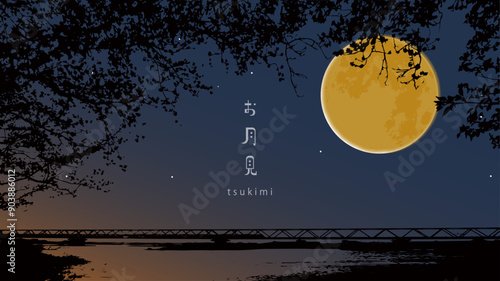河川敷の十五夜 中秋の名月 お月見の背景壁紙イラスト moon background.