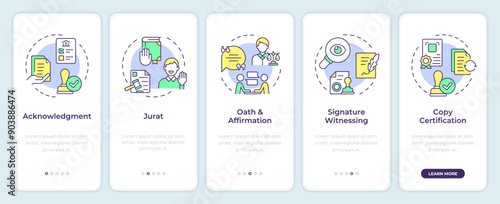 Notarization types onboarding mobile app screen. Walkthrough 5 steps editable graphic instructions with linear concepts. UI, UX, GUI template. Montserrat SemiBold, Regular fonts used