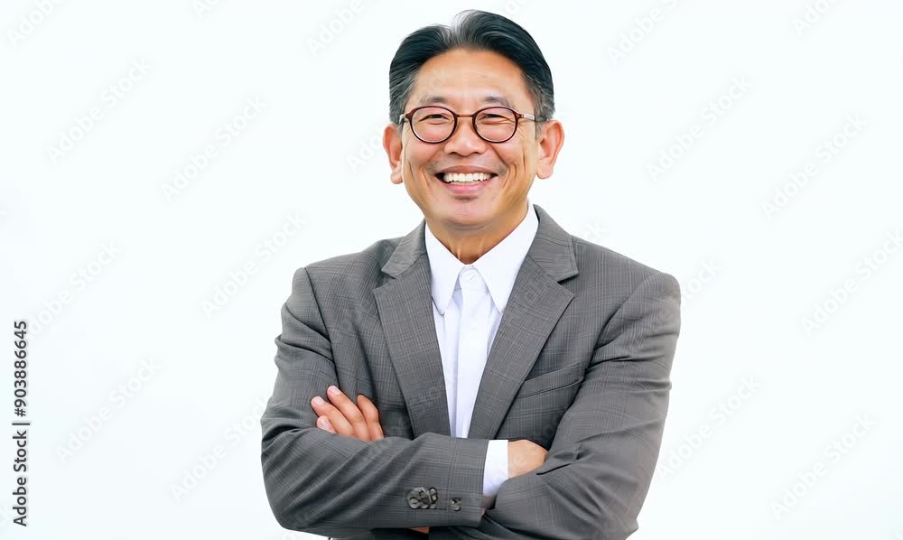 Portrait of happy mature Asian businessman in grey suit and glasses standing with arms crossed over white background Portrait of happy mature Asian businessman in grey suit and glasses standing with arms crossed over white background