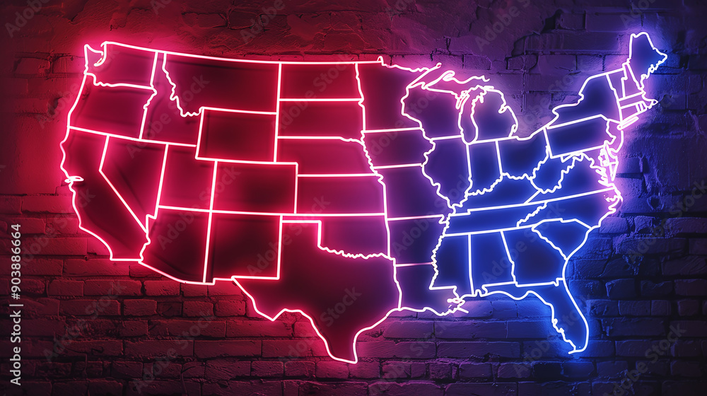 Political Divide: A neon map of the United States illustrating bipartisanship. The contrasting red and blue neon outlines of the United States map symbolize the political Political Divide: A neon map of the United States illustrating bipartisanship. The contrasting red and blue neon outlines of the United States map symbolize the political