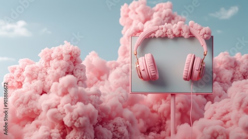 An artistic depiction of pink wireless headphones set on a background of fluffy, cotton candy-like clouds, creating a dreamy and imaginative atmosphere perfect for music lovers. photo