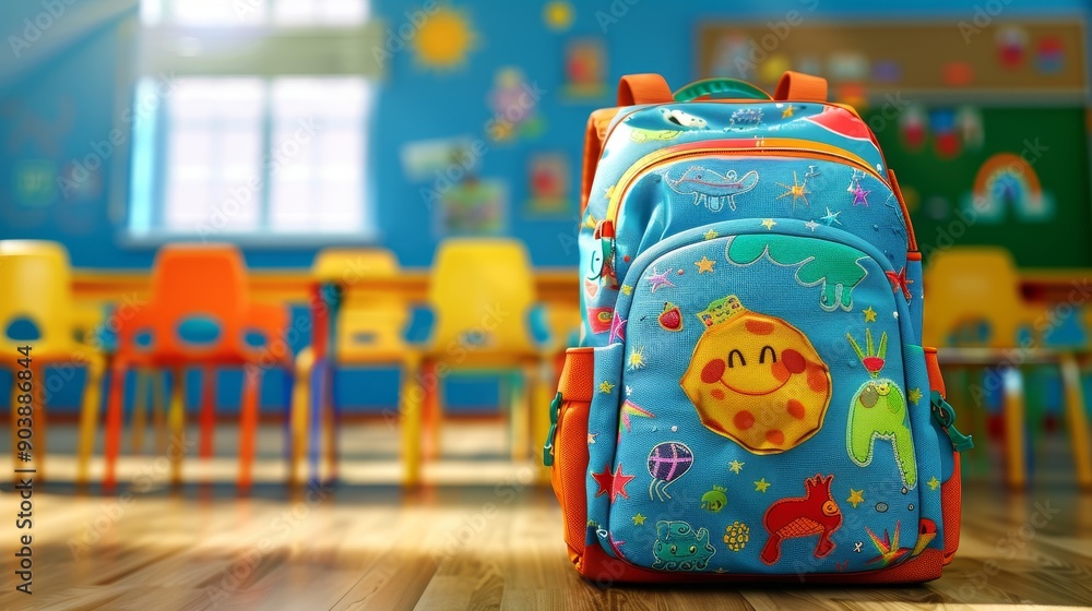 Vibrant Children's Backpack Playful Designs in a School Setting Vibrant Children's Backpack Playful Designs in a School Setting