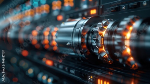 A detailed close-up of a high-tech industrial machine illuminated with orange lights, showcasing the intricacy and precision of modern machinery used in production. photo