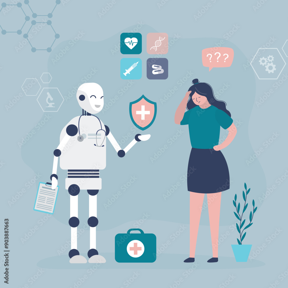 Sick woman talking medical robot. Chatbot assistant help doing medicine research and treatment. Chat bot doctor with ai support female patient. modern technology, Sick woman talking medical robot. Chatbot assistant help doing medicine research and treatment. Chat bot doctor with ai support female patient. modern technology,