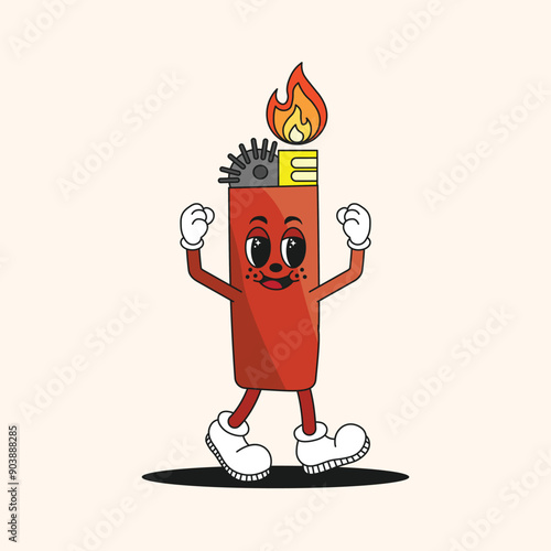 Lighter fire funy retro groovy psychedelic character or mascot.