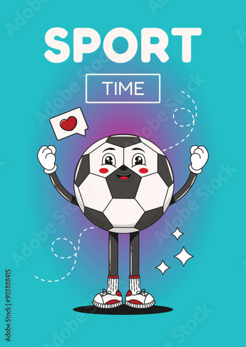 Back to school poster. Funny sport poster or banner with groovy retro soccer ball, football character or mascot and blue violet gradient background. Poster or flyer for school, college, notebook.