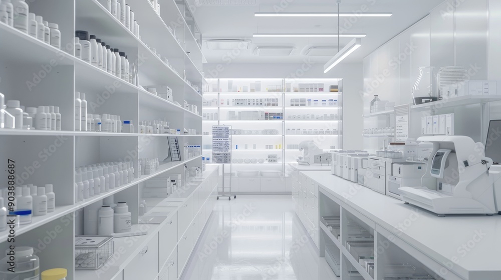 Sterile White Laboratory with Shelves of Supplies and Equipment Sterile White Laboratory with Shelves of Supplies and Equipment