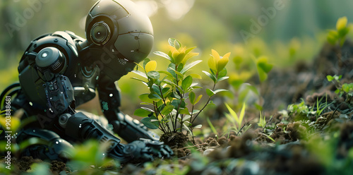 Robot Planting a Young Tree in a Garden photo