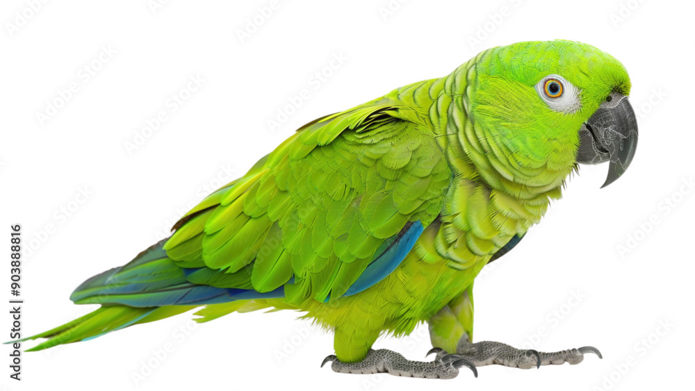 Fototapeta premium A green parrot is standing on a white background. The bird is looking at the camera. The image has a calm and peaceful mood