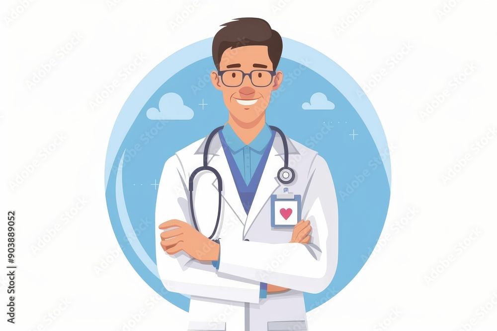 Male doctor illustration with folded arms confident expression medical uniform and stethoscope set against a light blue background symbolizing healthcare professionalism and trust. Male doctor illustration with folded arms confident expression medical uniform and stethoscope set against a light blue background symbolizing healthcare professionalism and trust.
